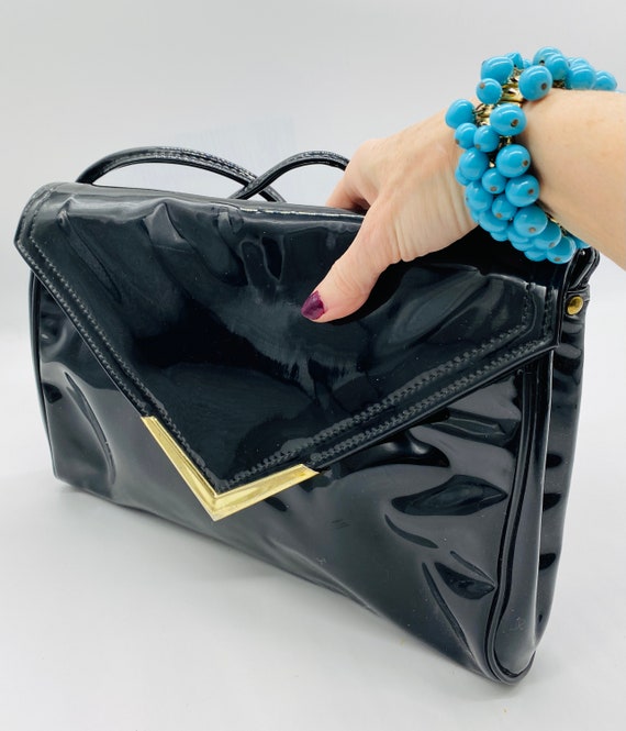 LOVELY Vintage 1980's Black Patent Handbag / Shou… - image 1