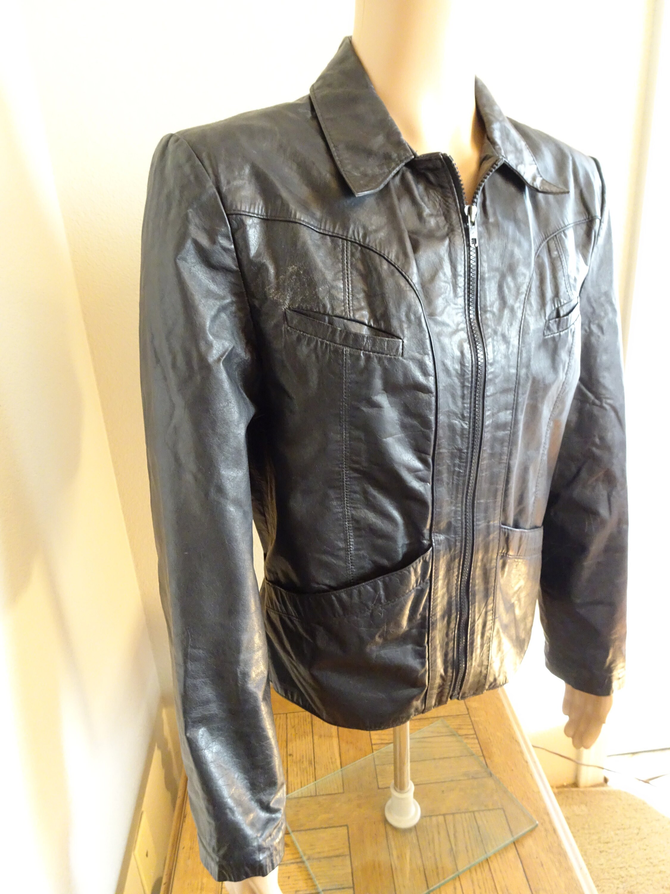 Image of Nice Mens Vintage Black Leather Jacket Made in Usa By "Leather Baron' - Great
