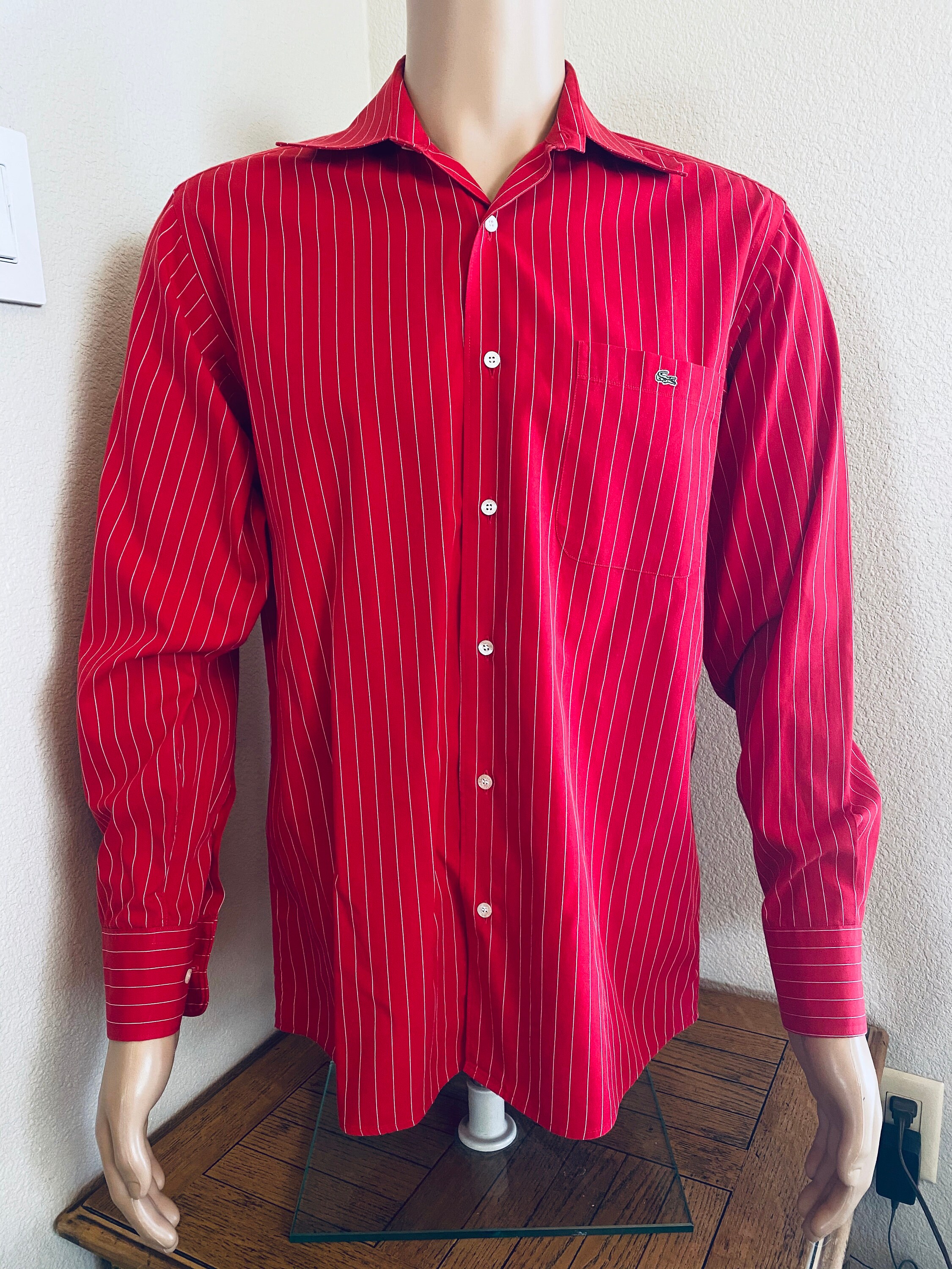 Image of Lovely Mens Red Pinstriped Shirt Made in France By "Lacoste', Chest 40" - Great