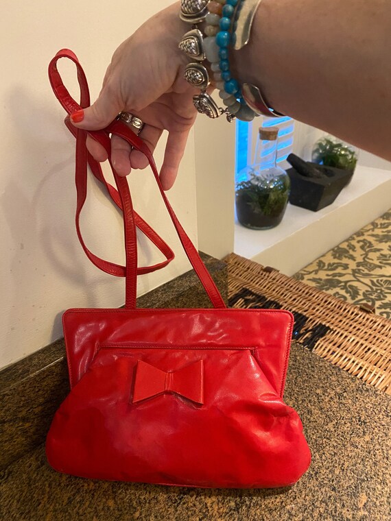 Cute Vintage 80's Red Leather Handbag With Bow, R… - image 1