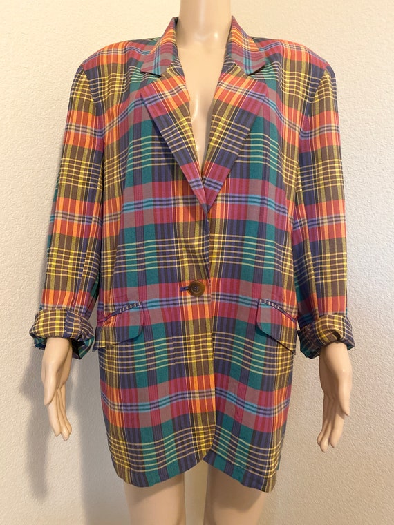 LOVELY Vintage 80's Oversized Plaid Cotton Blazer… - image 4