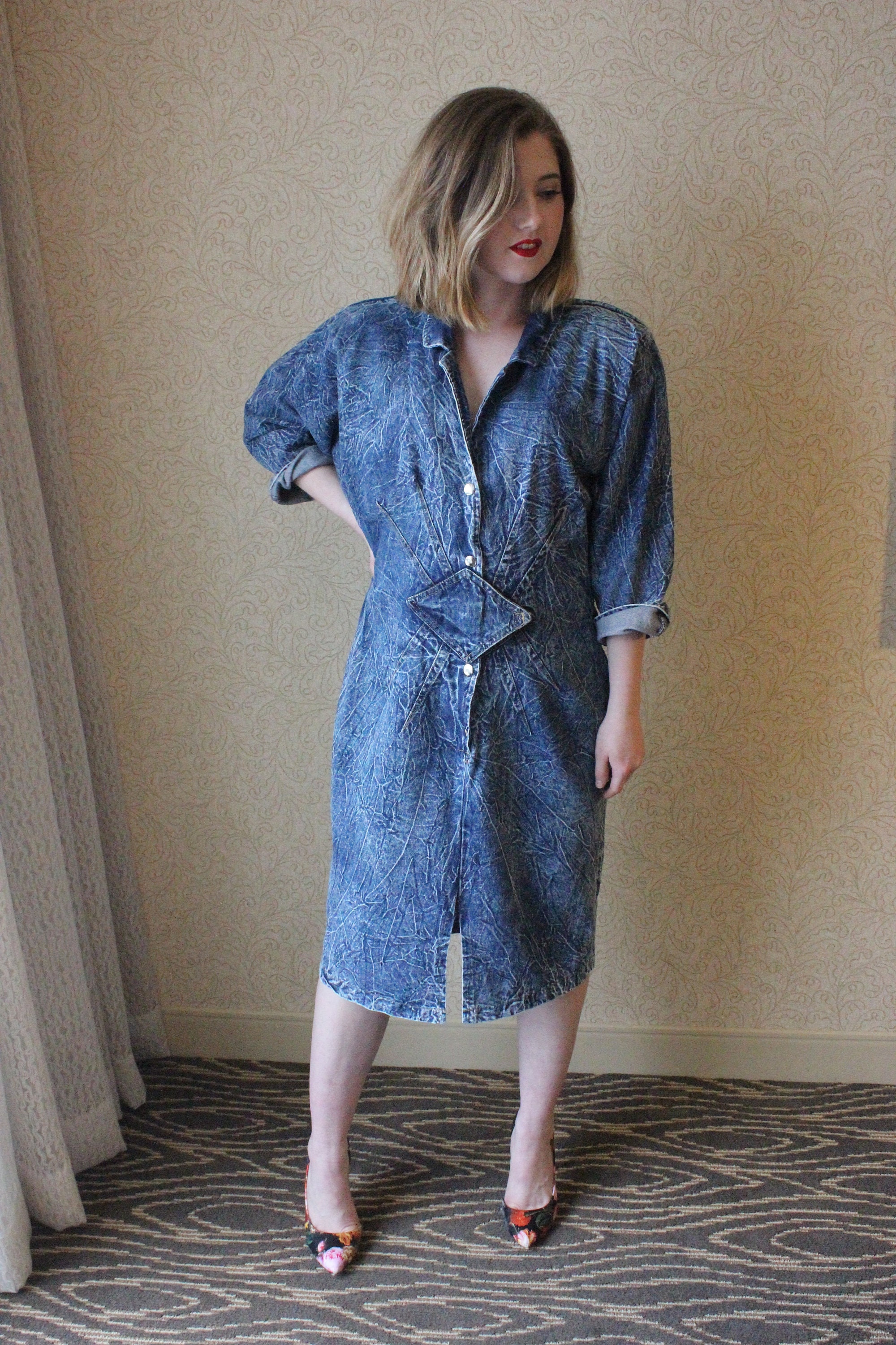 Image of Beautiful 's Vintage Acid Was He Denim Dress Made in Usa By "Francais Of California' - Medium