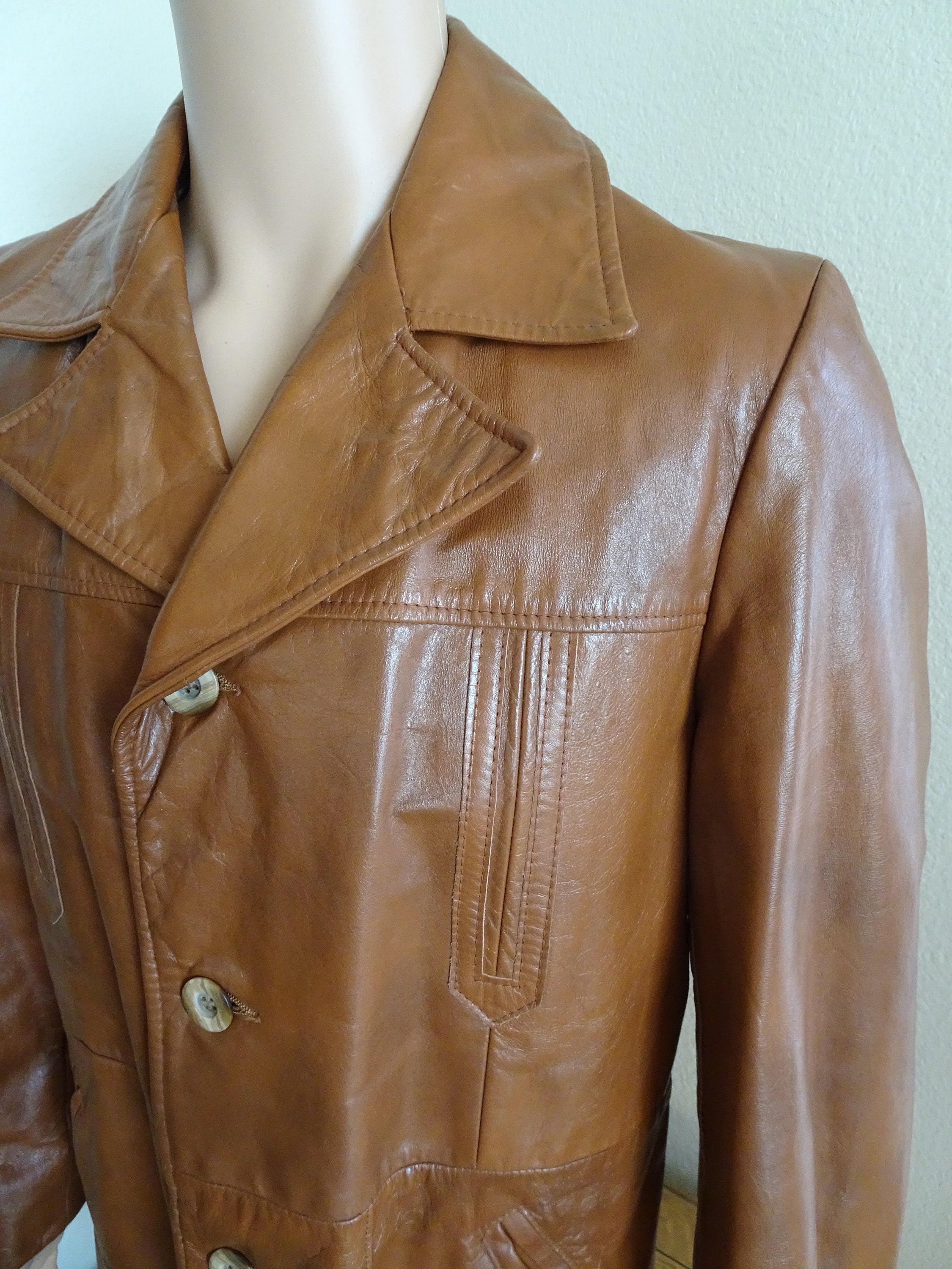 Image of V Nice Vintage 1960's Mens Mid Brown Leather Jacket Made in Usa By "Cresco' - Chest 40"