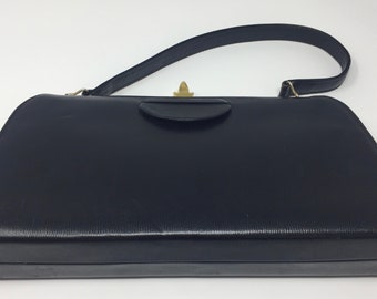 BEAUTIFUL Vintage 1950's Black Leather Kelly Style Handbag With Tan Suede Interior - Lovely!!