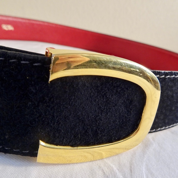 V LOVELY Black Suede & Red Leather Vintage 1980's Belt Made By 'Lejon' - Great!!