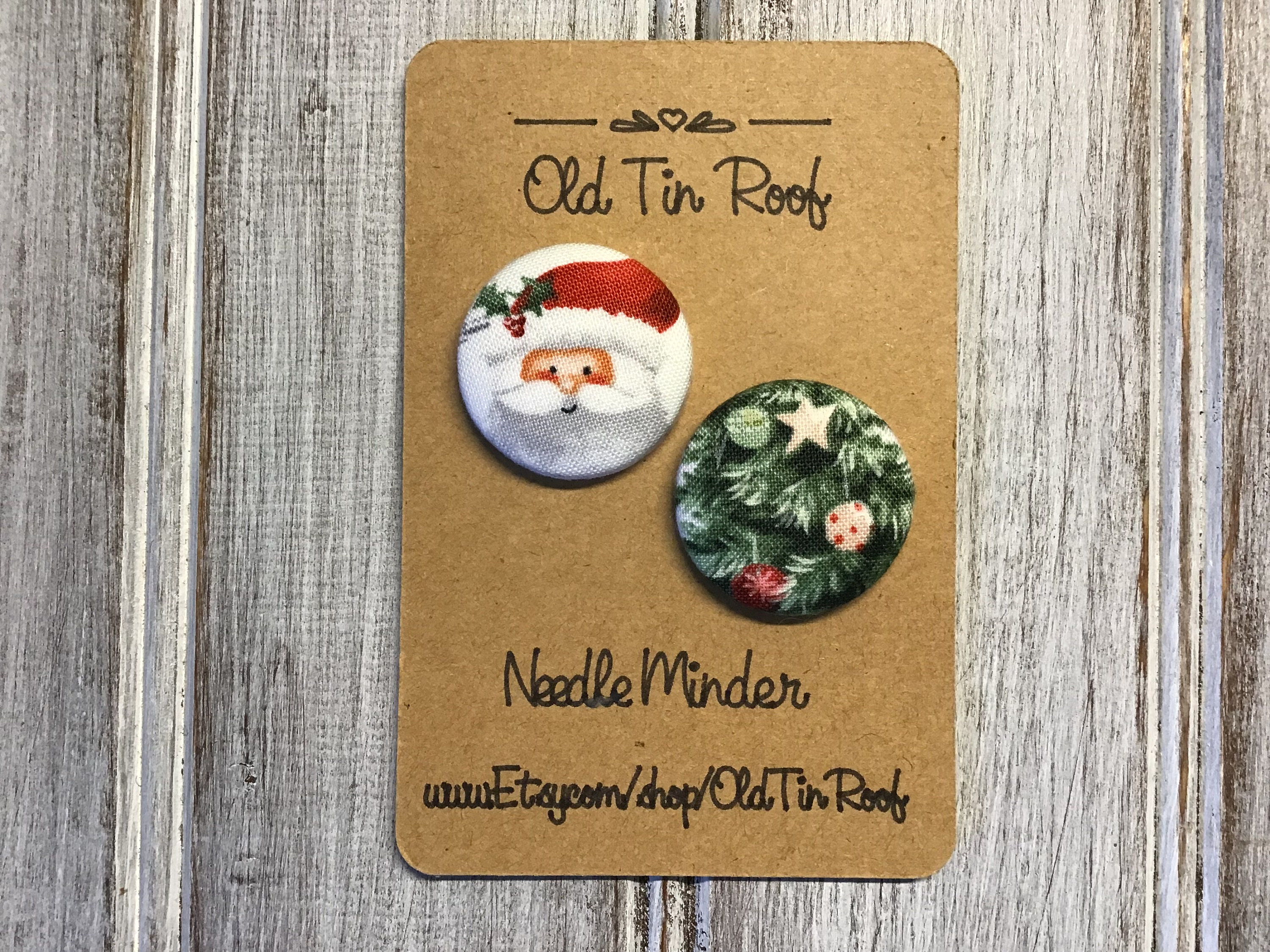 Santa Claus & Tree 1-1/8 Fabric Needle Minders Magnetic 