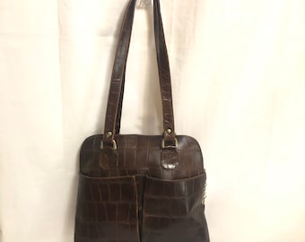 Vintage Brown Embossed Crocodile Leather Shoulder Bag by Sopresa! Made in India | Faux Alligator Leather Tote Bag