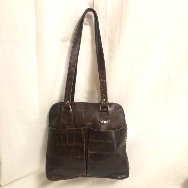 Vintage Brown Embossed Crocodile Leather Shoulder Bag by Sopresa! Made in India | Faux Alligator Leather Tote Bag