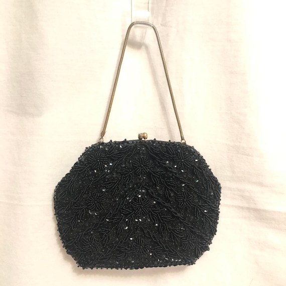 Vintage All Black Beaded & Sequin Kiss Lock Eveni… - image 2