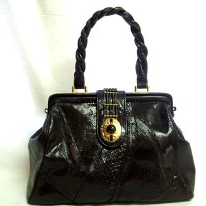 Vintage Glamour Bags Genuine Black Python Snakeskin and Black Leather Handbag w/ Braided Leather Handle Gold Hardware and Black Rhinestone