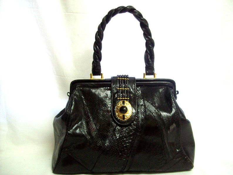 Vintage Glamour Bags Genuine Black Python Snakeskin and Black Leather Handbag w/ Braided Leather Handle Gold Hardware and Black Rhinestone image 1