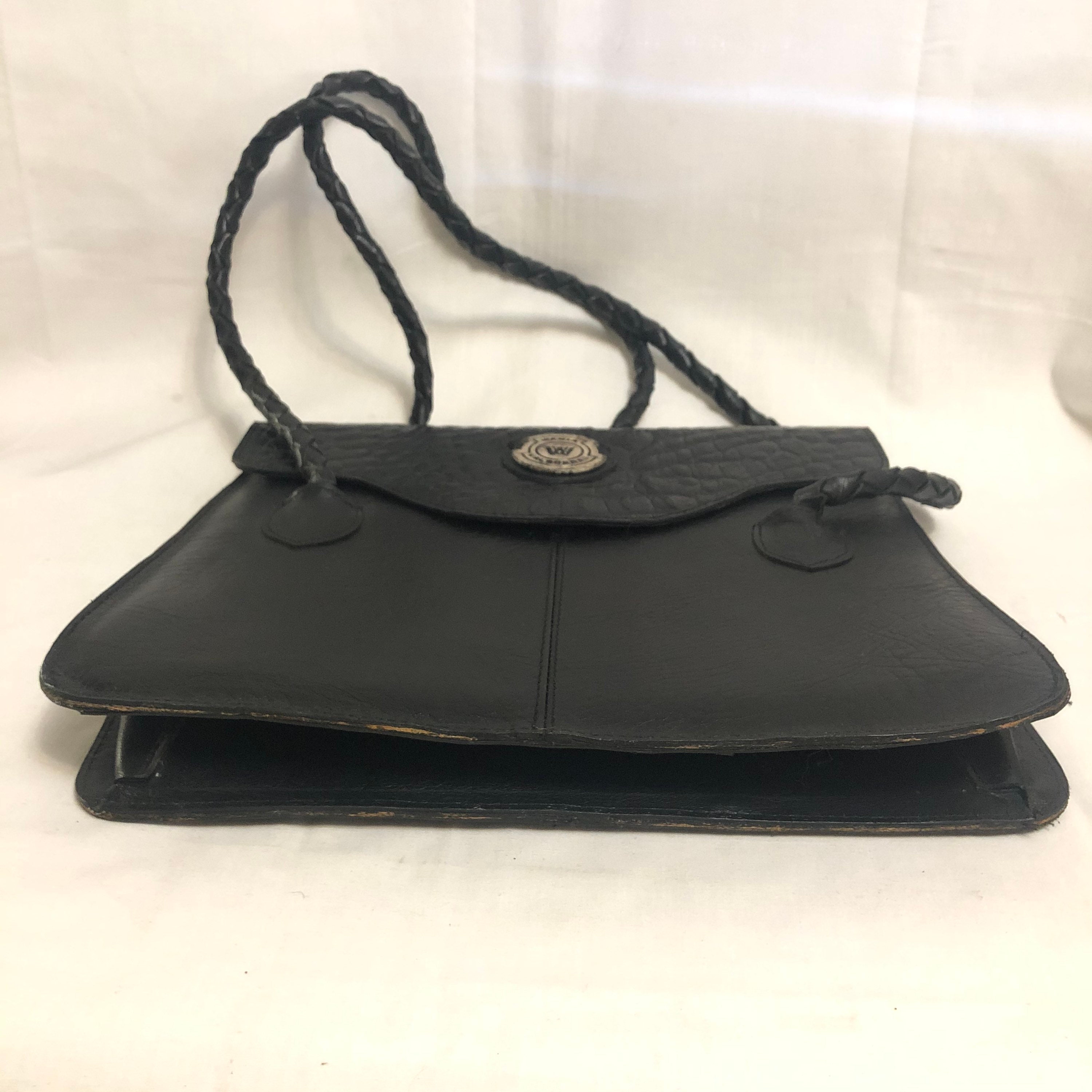 Vintage Black Distressed Leather Shoulder Bag, Embossed Crocodile