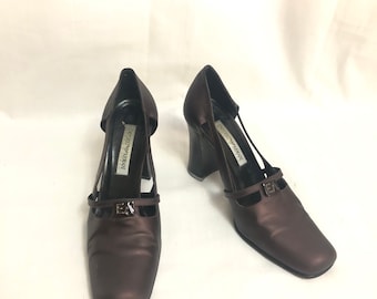 Vintage Emporio Armani Purple Leather Square Toe Block Heels, Italian Leather Shoes, Women’s Heel Size 37 US 7