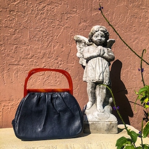 Vintage Etra Navy Blue Leather Purse Handbag with Resin Frame and Handles 1960s Style Bag, Retro Mid Century Purse