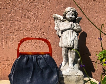 Vintage Etra Navy Blue Leather Purse Handbag with Resin Frame and Handles 1960s Style Bag, Retro Mid Century Purse