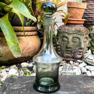 Vintage Mid Century Smokey Grey Green Decanter, Antique Crystal Liquor Whiskey Bottle, Rectangular Contemporary Barware, Vase