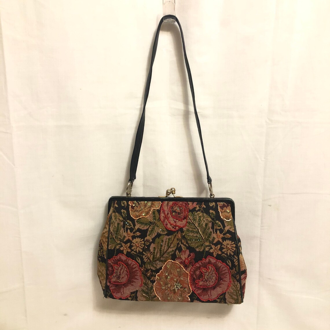 Vintage Black Rose Floral Beaded Tapestry Shoulder Bag with | Etsy