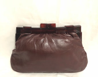 Vintage Burgundy Leather Clutch with Resin Clasp