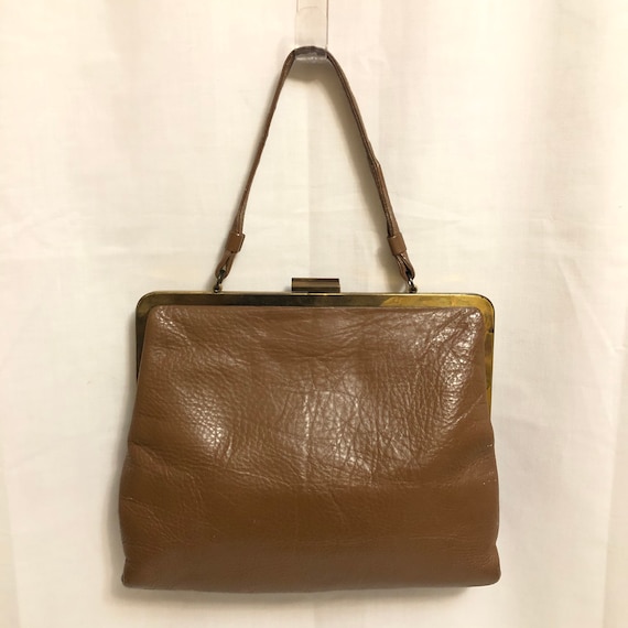 Vintage Brown Leather Top Handle Bag with Gold Fr… - image 2