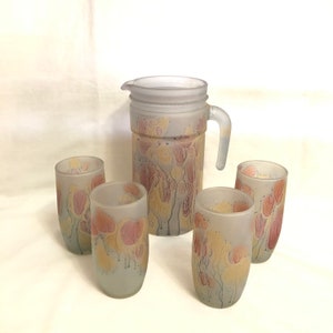 Vintage Reuven Art Nouveau Frosted Art Glass Pitcher Set with 4 Glasses, Retro Mid Century Pitcher, Splatter Paint Contemporary Glassware