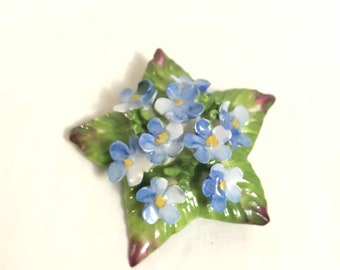 Aynsley Fine Bone China Floral Star-Shaped Brooch | Green and Blue Carved 3D Flower Pin Star Shaped Brooch Made in England