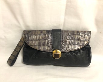 Pietro Alessandro Faux Crocodile Leather Clutch, Black Grained Leather Purse, Exotic Handbag, Croc Evening Purse, Designer Leather Wristlet