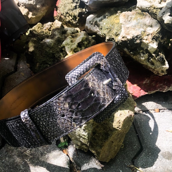 Black Genuine Python Leather Belt Size 27 Grey Snakeskin Designer