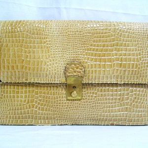 Vintage Embossed Light Orange Dark Yellow Patent Crocodile Alligator Leather Clutch with Strap