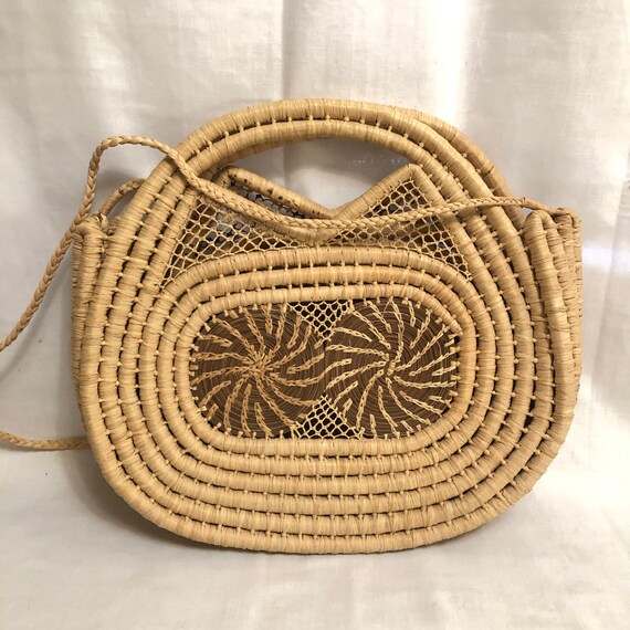バッグ vintege Flower wicker basket bag Vintage Woven Wicker Rattan Straw Handbag Basket Purse
