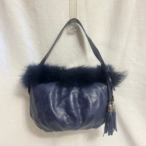 Vintage Castellari Navy Blue Leather & Fur Shoulder Bag, Y2K Dark Blue Purse, Paris Hilton Style Handbag, Ski Resort Purse, Italian Mini Bag