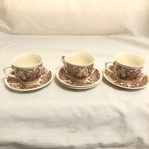 3 Fair Winds Alfred Meakin Staffordshire England Teacup & Saucer Sets, Vintage Colonial Ceramic Tea Set, Beige and Brown Plates