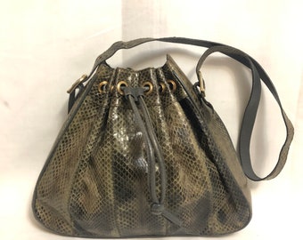 Vintage Brown & Black Snakeskin Drawstring Bucket Bag, Snakeskin Effect Shoulder Bag, Exotic Leather Purse, Python Handbag, 90s Designer Bag