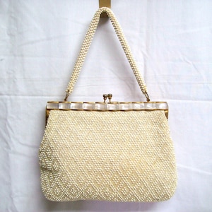 White Small Beaded Purse / Ivory Geometric Beaded Clutch with Mother of Pearl Detail / Cream Beaded Formal Daytime Bag Made in Hong Kong