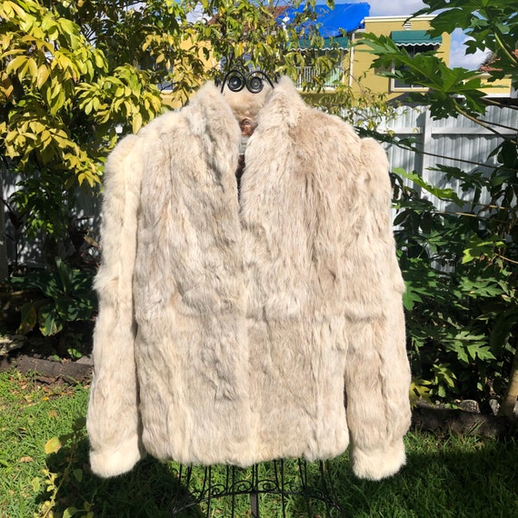 Vintage Beige Gray Rabbit Fur Jacket, White Fur Co