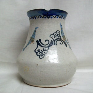 Vintage Gray & Blue Hand Painted Signed Ceramic Pitcher with Bird Paintings /  Vintage Kitchen Home Decor / Ceramic Bird Pitcher