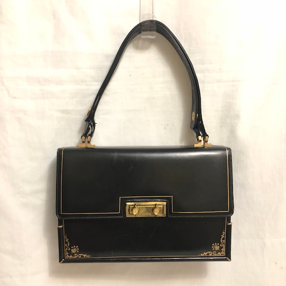 Black Leather Accordian Bag with Gold Tooled Detai