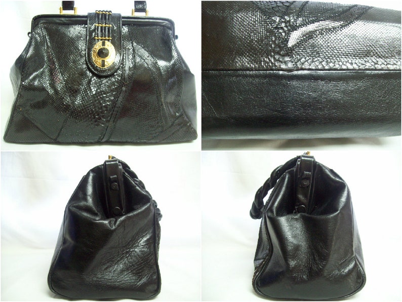 Vintage Glamour Bags Genuine Black Python Snakeskin and Black Leather Handbag w/ Braided Leather Handle Gold Hardware and Black Rhinestone image 4