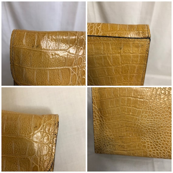 Vintage Yellow Beige Embossed Crocodile Leather E… - image 10