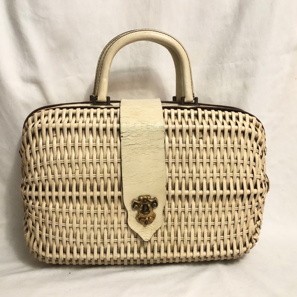 Beige Wicker and Leather Briefcase | Straw Weekender | Basketweave Straw Duffle Bag | Wooden Picnic Basket | Bamboo Briefcase | Boho Luggage