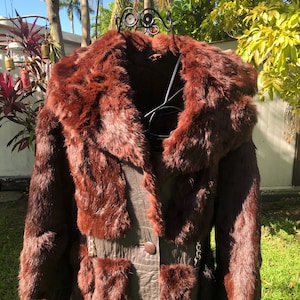 Vintage Mink Brown Paneled Mink Fur & Leather Long Coat, Full Length Striped Fur Coat, Leather Trench Coat with Chain Detail,