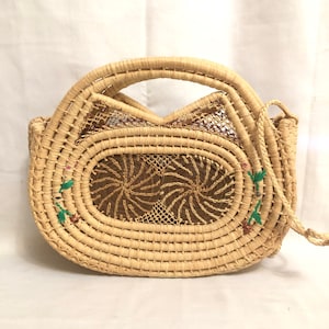 Vintage Floral Straw Bag, Wicker Handbag, Structured Straw Handbag, Boho Beach Bag, Rattan Purse, Straw Basket Bag, Retro Straw Purse