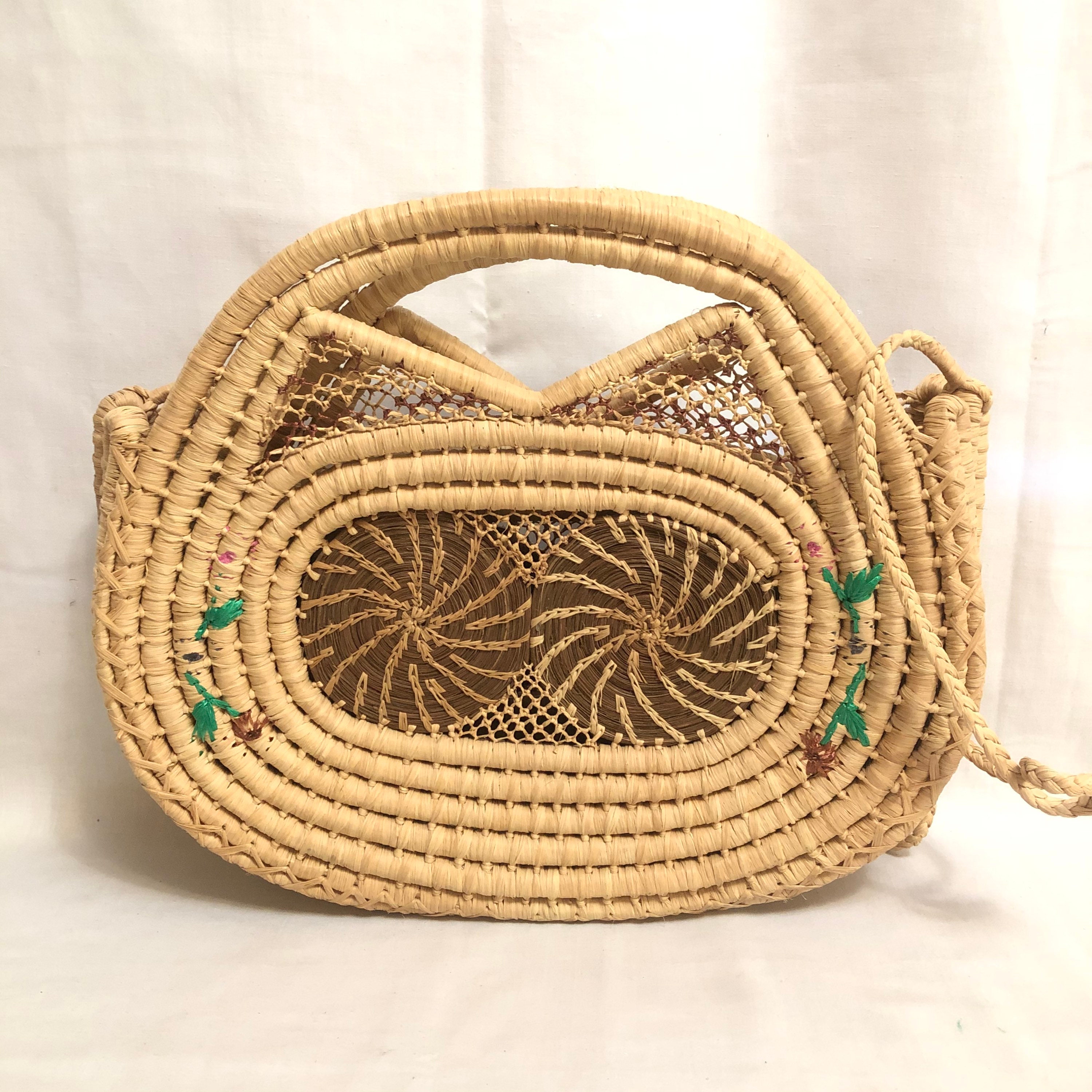 Vintage Floral Straw Bag, Wicker Handbag, Structured Straw