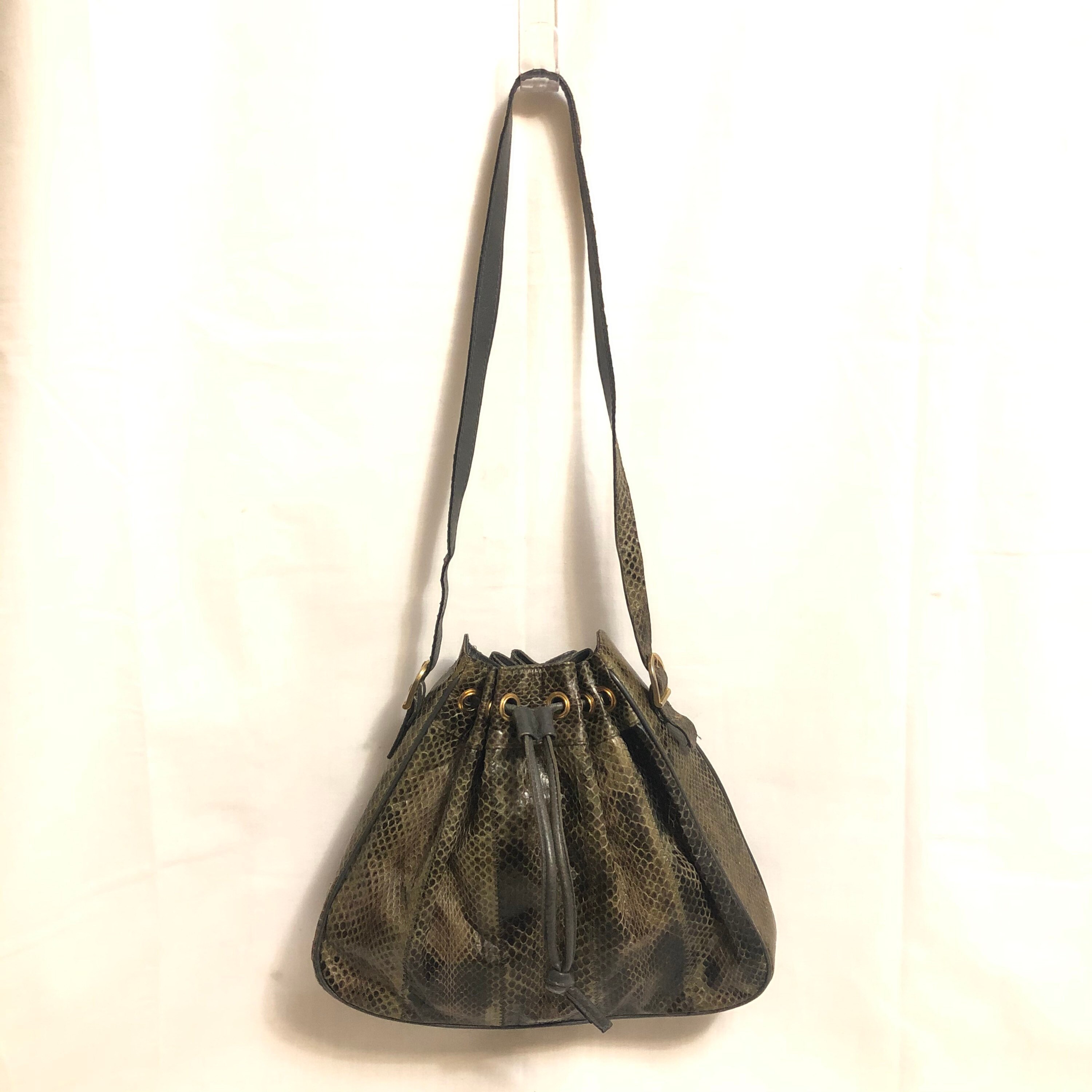 Vintage Brown & Black Snakeskin Drawstring Bucket Bag, Snakeskin 