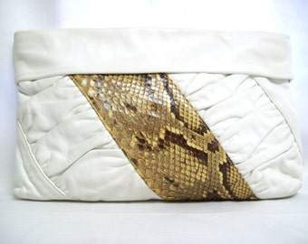 White Leather Clutch w/ Genuine Natural Python Skin / Genuine Snakeskin Clutch / Leather and Snakeskin Bag / Exotic Leather Bag
