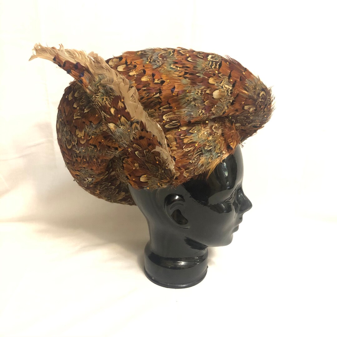 Vintage 1960s Jack Mcconnell Brown Feathered Hat, Peacock  display picture 1
