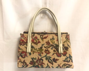 Floral Needlepoint Top Handle Bag | Rose Tapestry Purse | Embroidered Flower Handbag with Beige Leather Handles