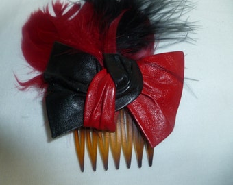 Vintage Read and Black Leather Hand Made Hair Comb