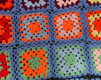 Vintage Blue Hand Crocheted Afghan | 5 Foot Hand Knit Quilted Blanket | Multicolor Geometric Floral Afghan from the 1970s