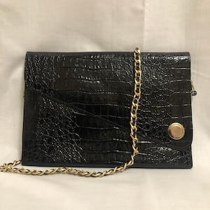 Vintage Black Crocodile Shoulder Bag, Crocodile Print Envelope Clutch, Minimalist Purse, Mock Croc Handbag, Faux Alligator Bag, Retro Bag
