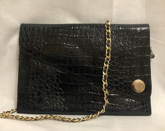 Vintage Black Crocodile Shoulder Bag, Crocodile Print Envelope Clutch, Minimalist Purse, Mock Croc Handbag, Faux Alligator Bag, Retro Bag